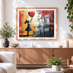 Finished graffiti girl with red balloon paint by numbers artwork displayed as home decor