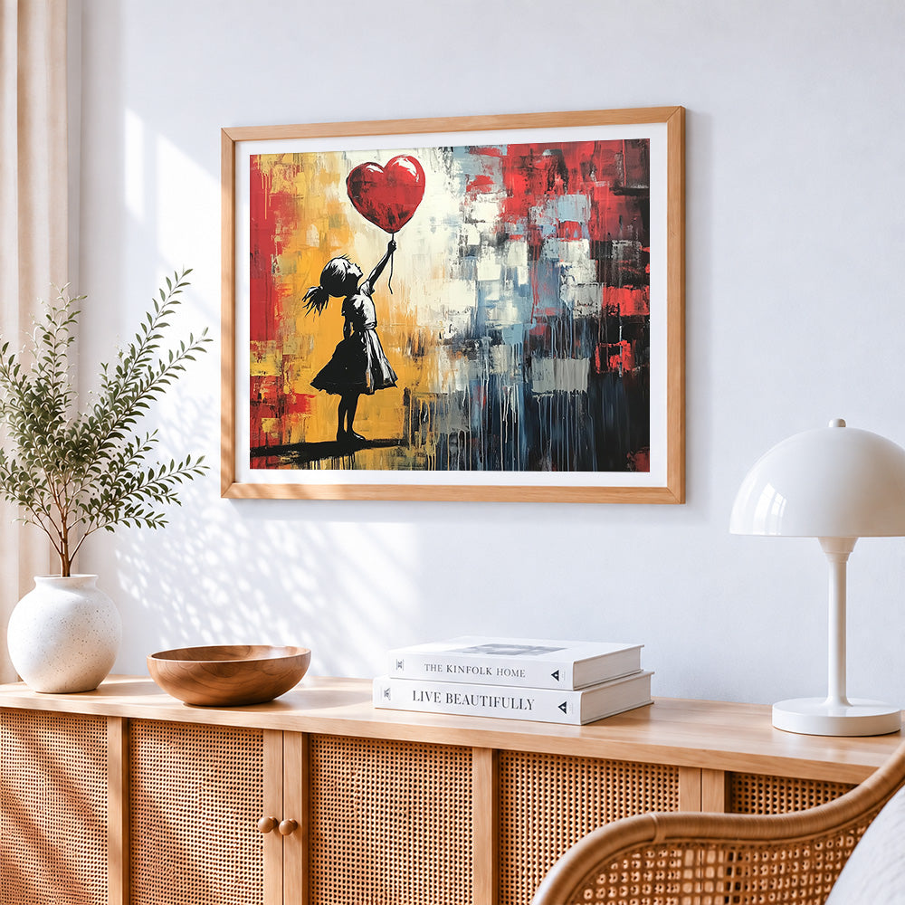 Graffiti girl with red balloon paint by numbers artwork displayed on wall as home decor