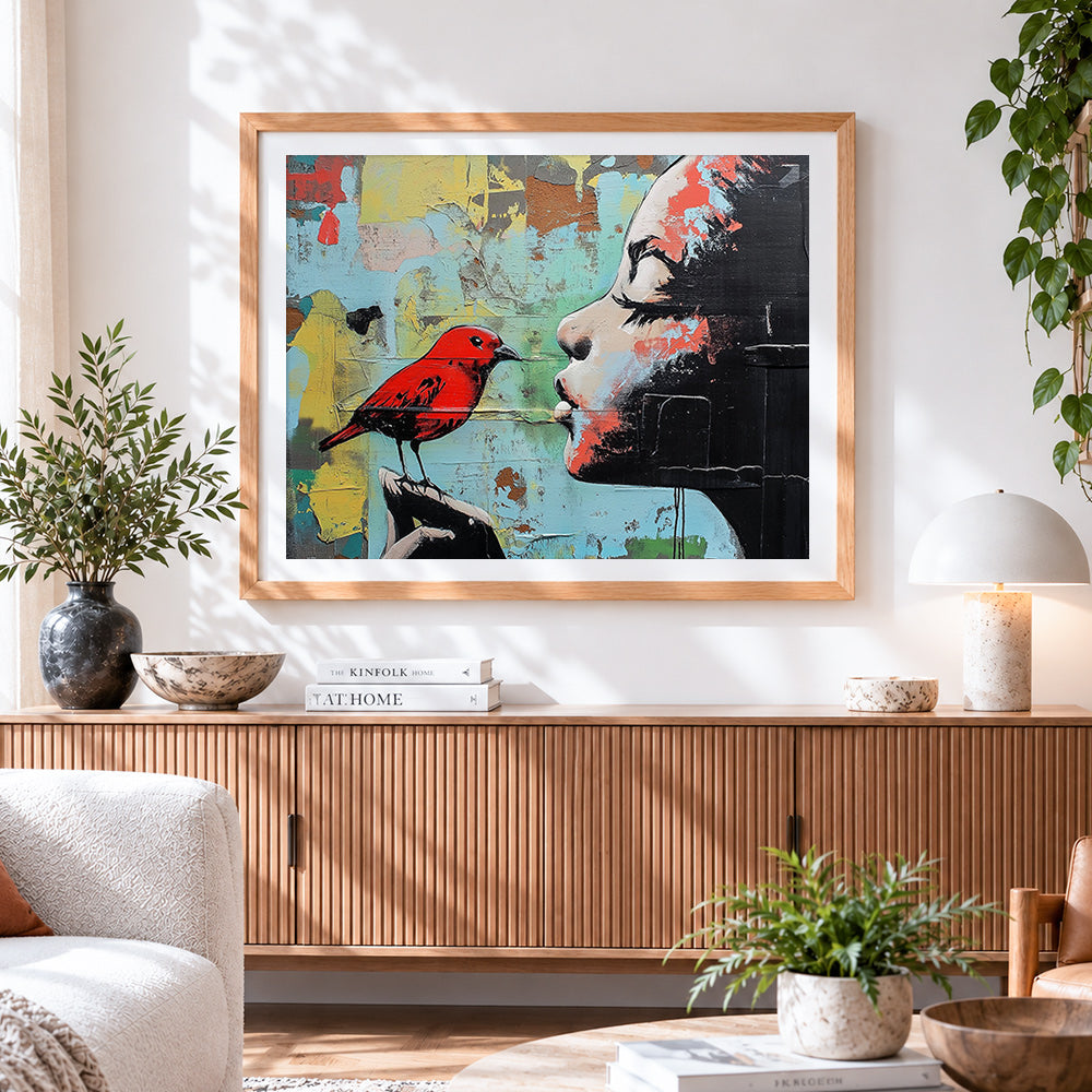 Finished graffiti girl with red bird cross stitch artwork displayed