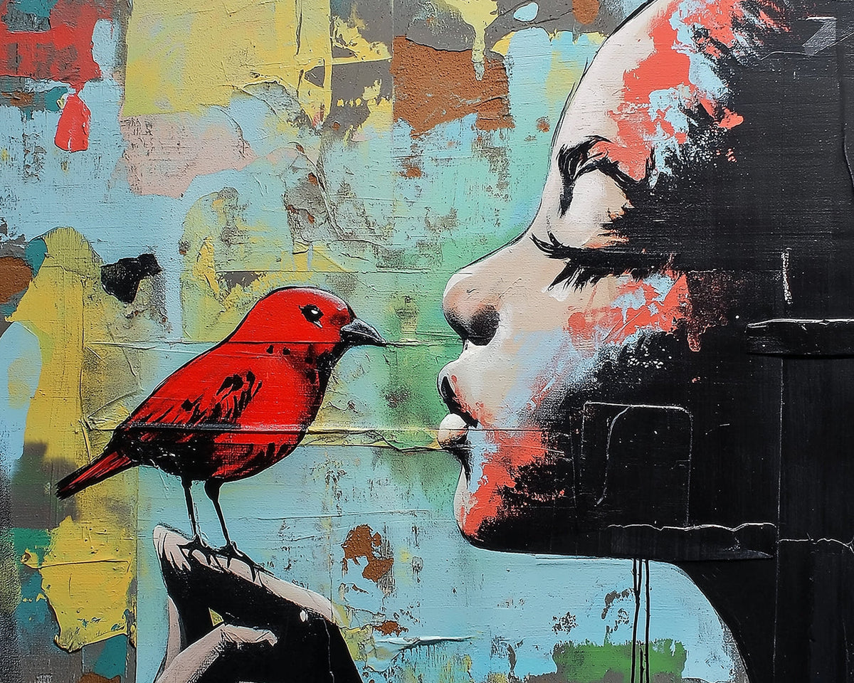 Graffiti girl with red bird cross stitch kit for beginners
