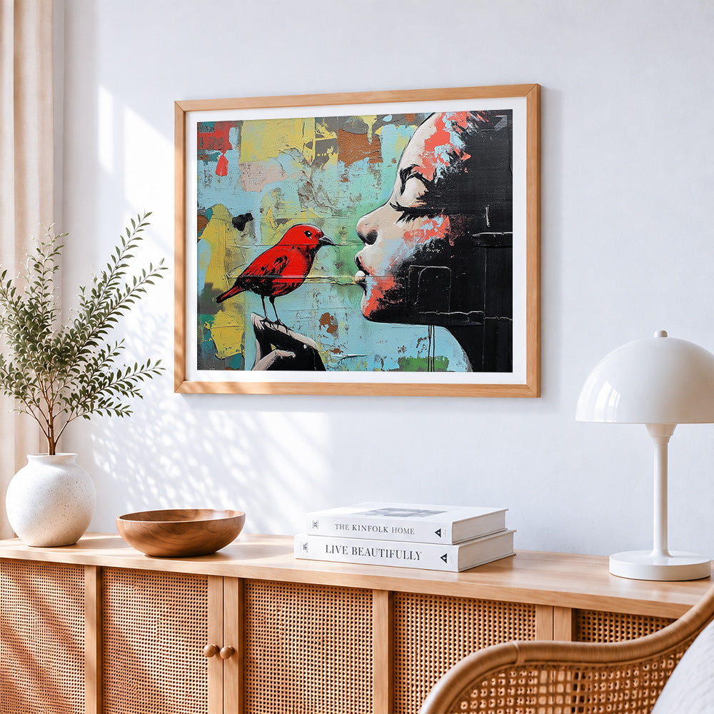 Graffiti girl with red bird cross stitch artwork displayed on wall as home decor