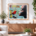 Finished raffiti girl with red bird paint by numbers artwork displayed as home decor