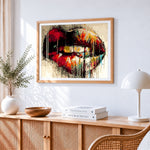 Graffiti red lips cross stitch artwork displayed on wall as home decor