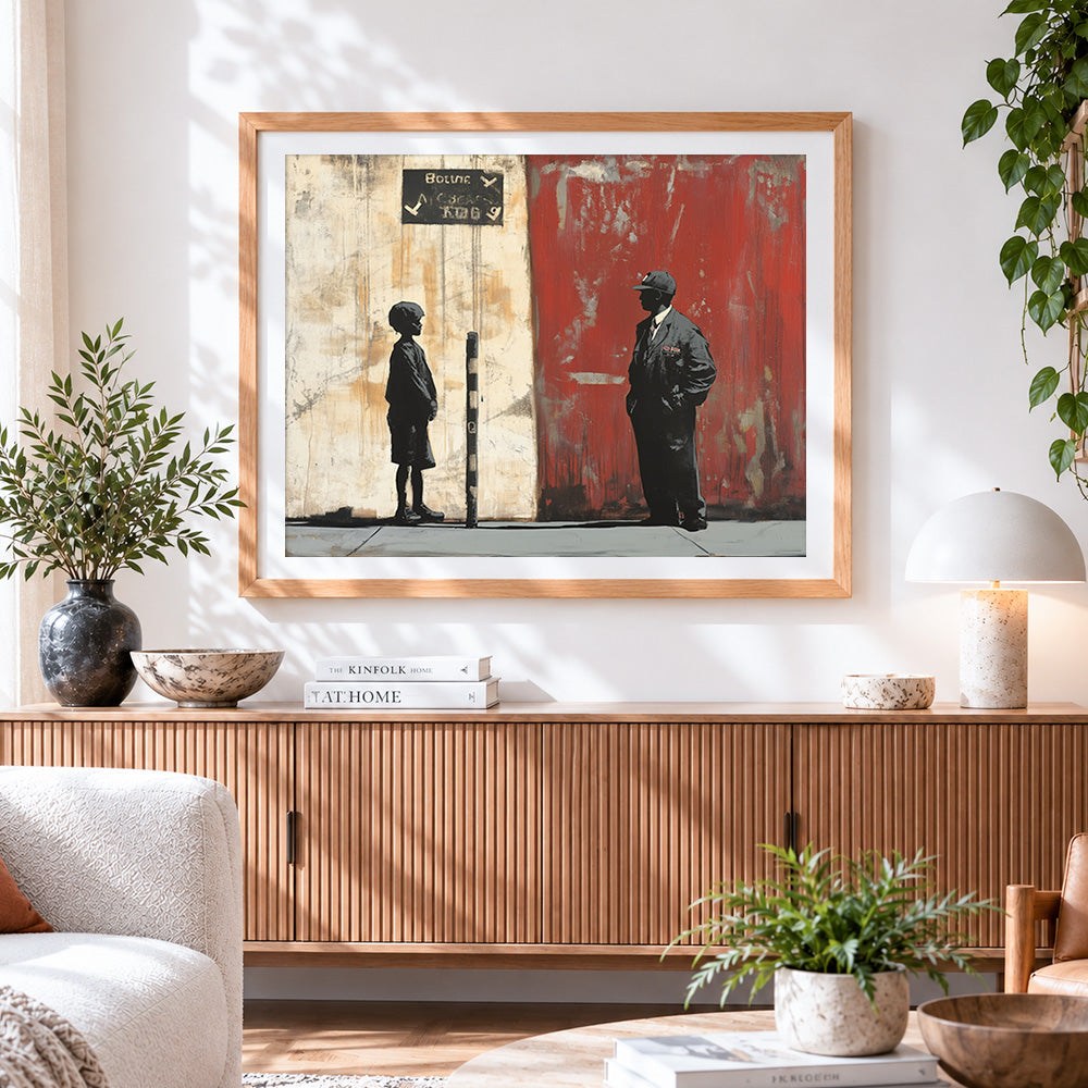 Finished graffiti-style boy and guard paint by numbers artwork displayed as home decor