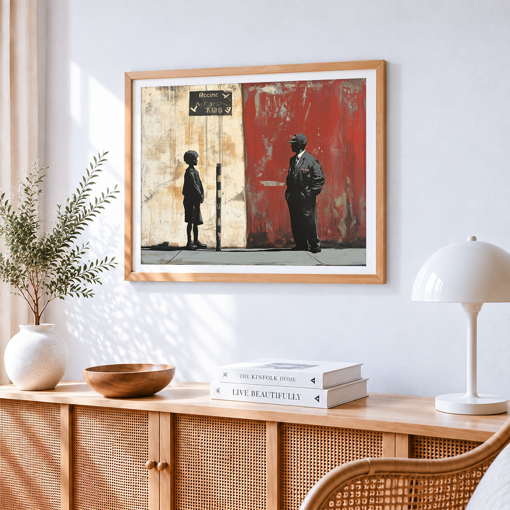 Graffiti-style boy and guard paint by numbers artwork displayed on wall as home decor