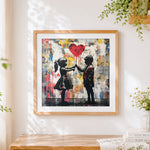 Finished graffiti style children with a red heart balloon cross stitch artwork displayed