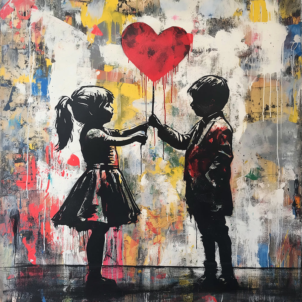 Graffiti style children with a red heart balloon cross stitch kit for beginners
