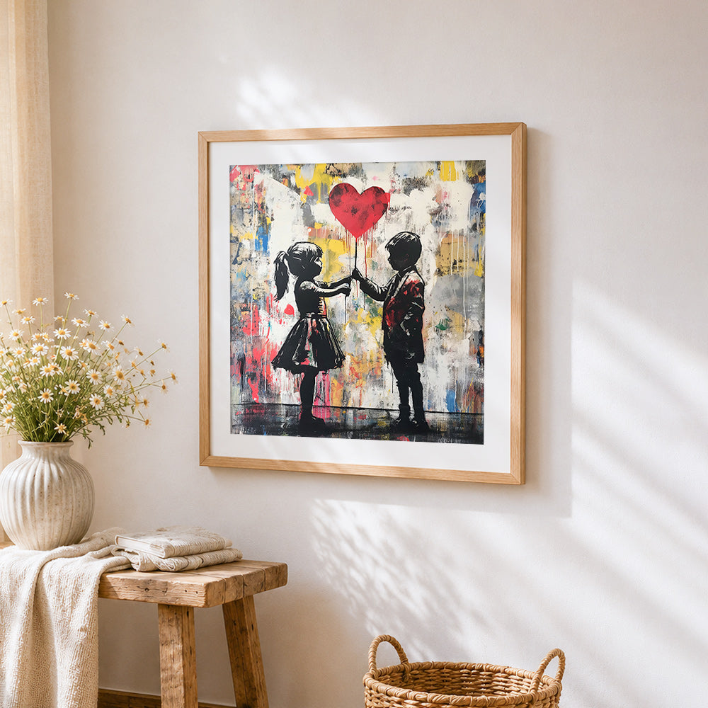 Graffiti style children with a red heart balloon cross stitch artwork displayed on wall as home decor