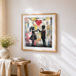 Graffiti style children with a red heart balloon cross stitch artwork displayed on wall as home decor