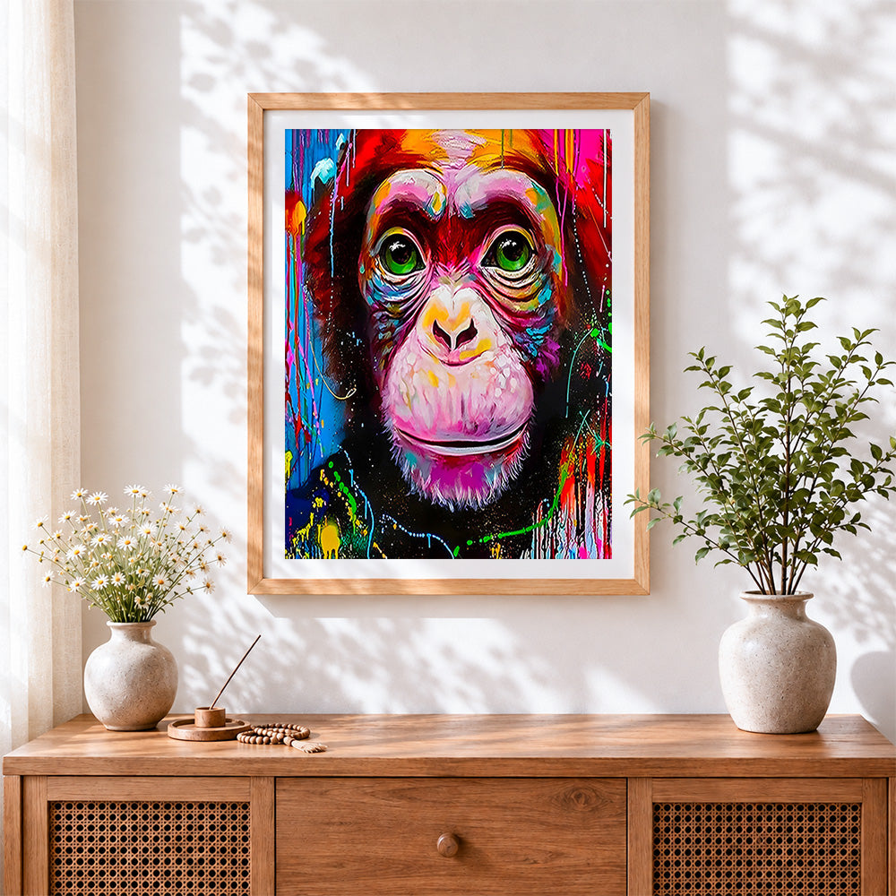 Finished graffiti style chimpanzee portrait cross stitch artwork displayed