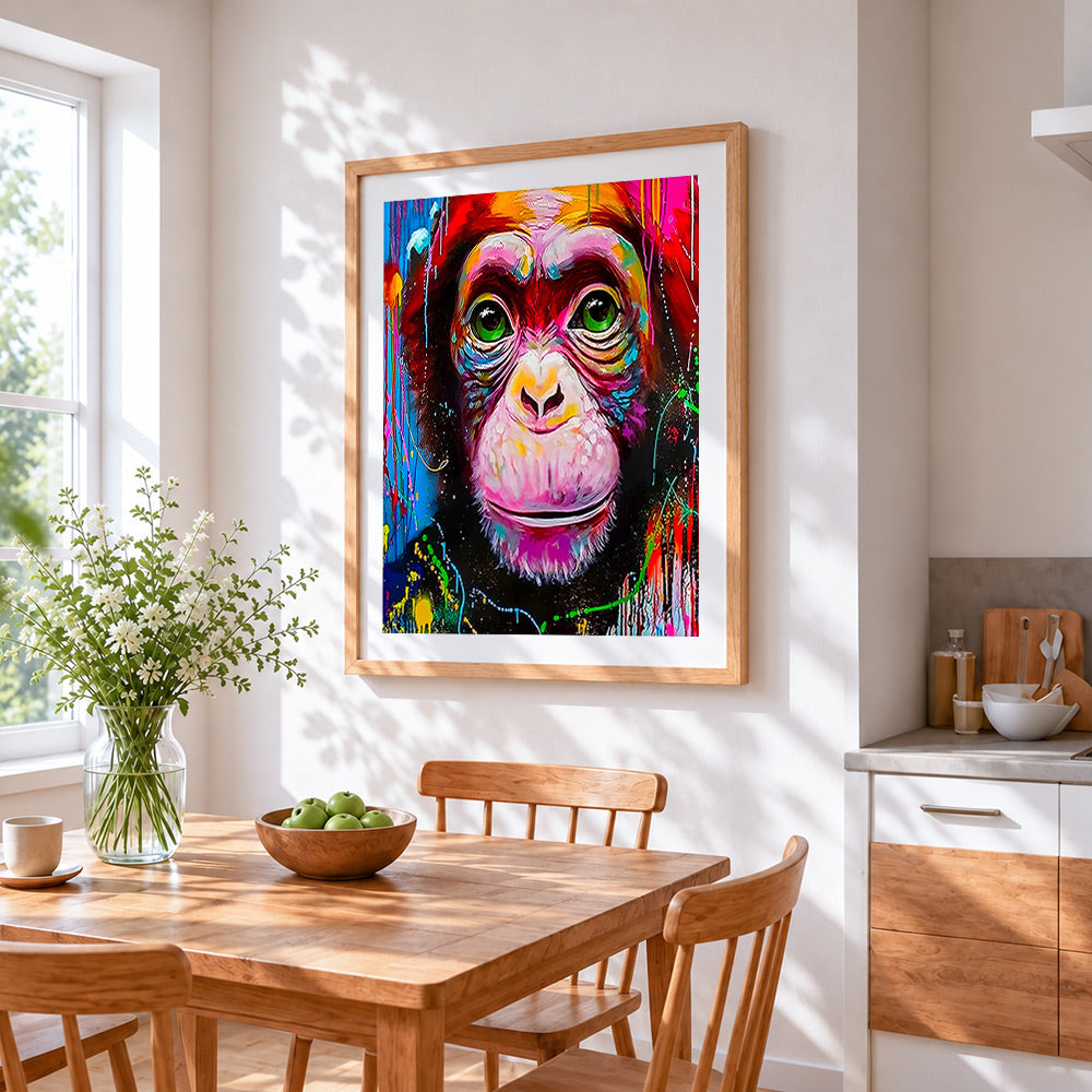 Graffiti style chimpanzee portrait cross stitch artwork displayed on wall as home decor