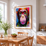 Graffiti style chimpanzee portrait cross stitch artwork displayed on wall as home decor