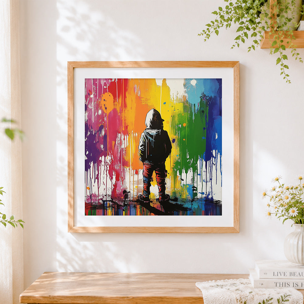 Finished graffiti style cool hooded boy cross stitch artwork displayed