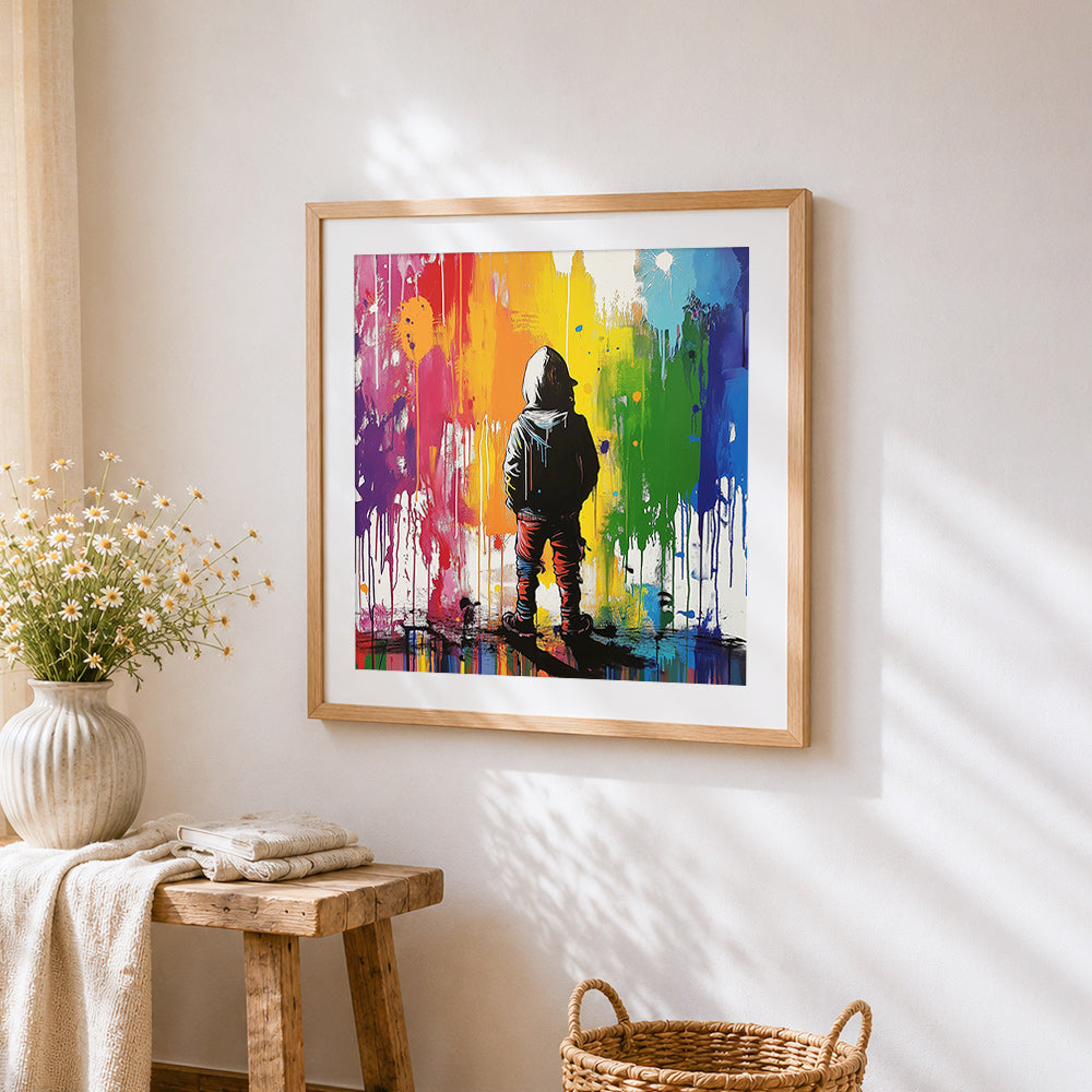 Graffiti style cool hooded boy cross stitch artwork displayed on wall as home decor