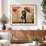 Finished graffiti-style couple with red umbrella paint by numbers artwork displayed as home decor