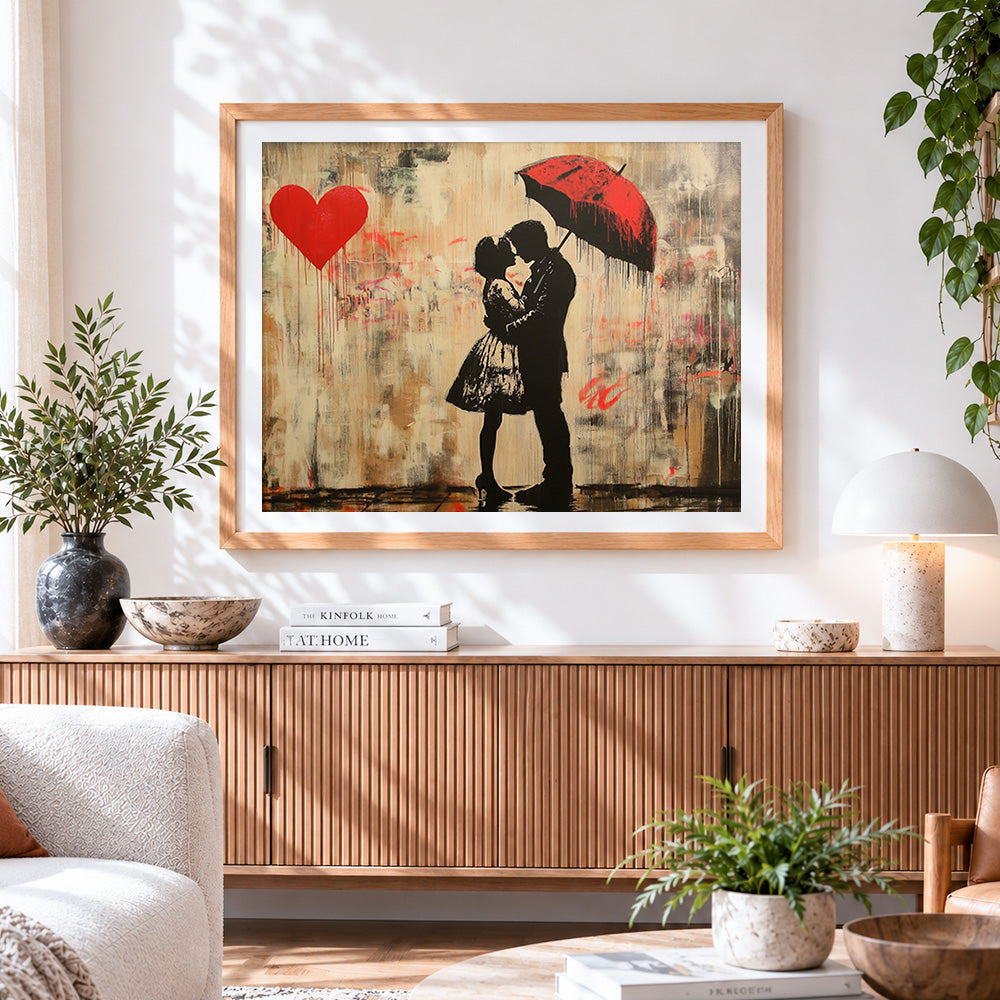 Finished graffiti-style couple with red umbrella paint by numbers artwork displayed as home decor