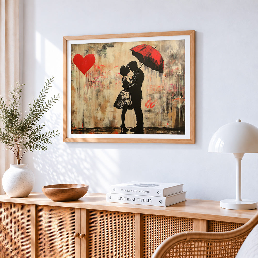 Graffiti-style couple with red umbrella paint by numbers artwork displayed on wall as home decor