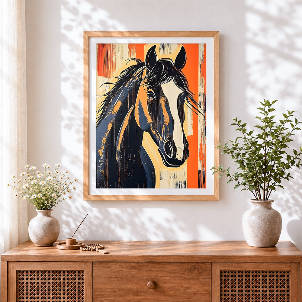 Finished graffiti style dark horse cross stitch artwork displayed