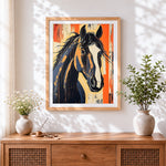 Finished graffiti style dark horse cross stitch artwork displayed