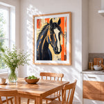 Graffiti style dark horse cross stitch artwork displayed on wall as home decor