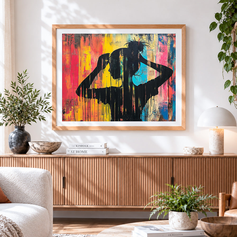 Finished graffiti style girl silhouette cross stitch artwork displayed