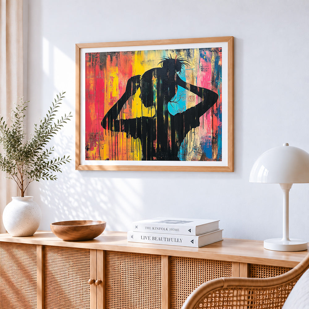 Graffiti-style girl silhouette paint by numbers artwork displayed on wall as home decor
