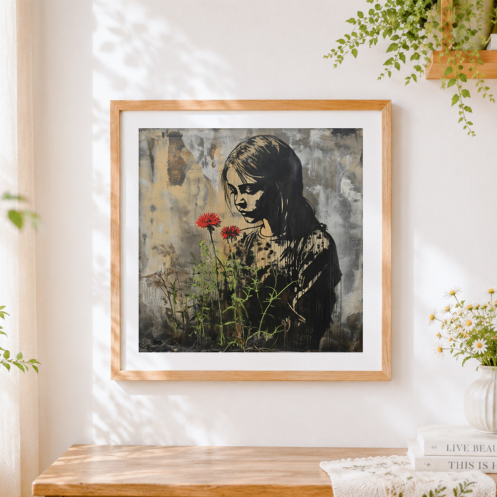 Finished graffiti style girl with red flowers cross stitch artwork displayed