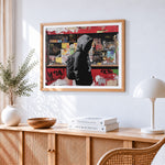 Graffiti style hooded boy cross stitch artwork displayed on wall as home decor