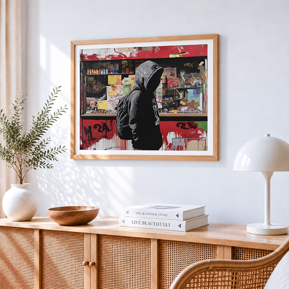 Graffiti style hooded boy cross stitch artwork displayed on wall as home decor