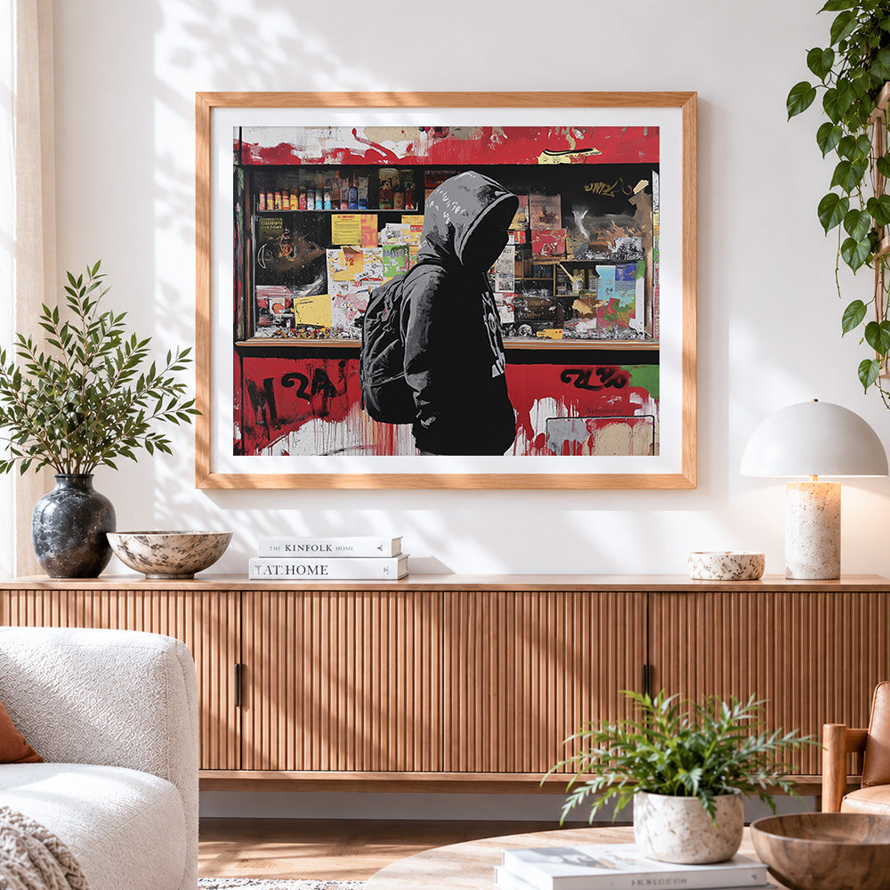 Finished graffiti-style hooded boy paint by numbers artwork displayed as home decor