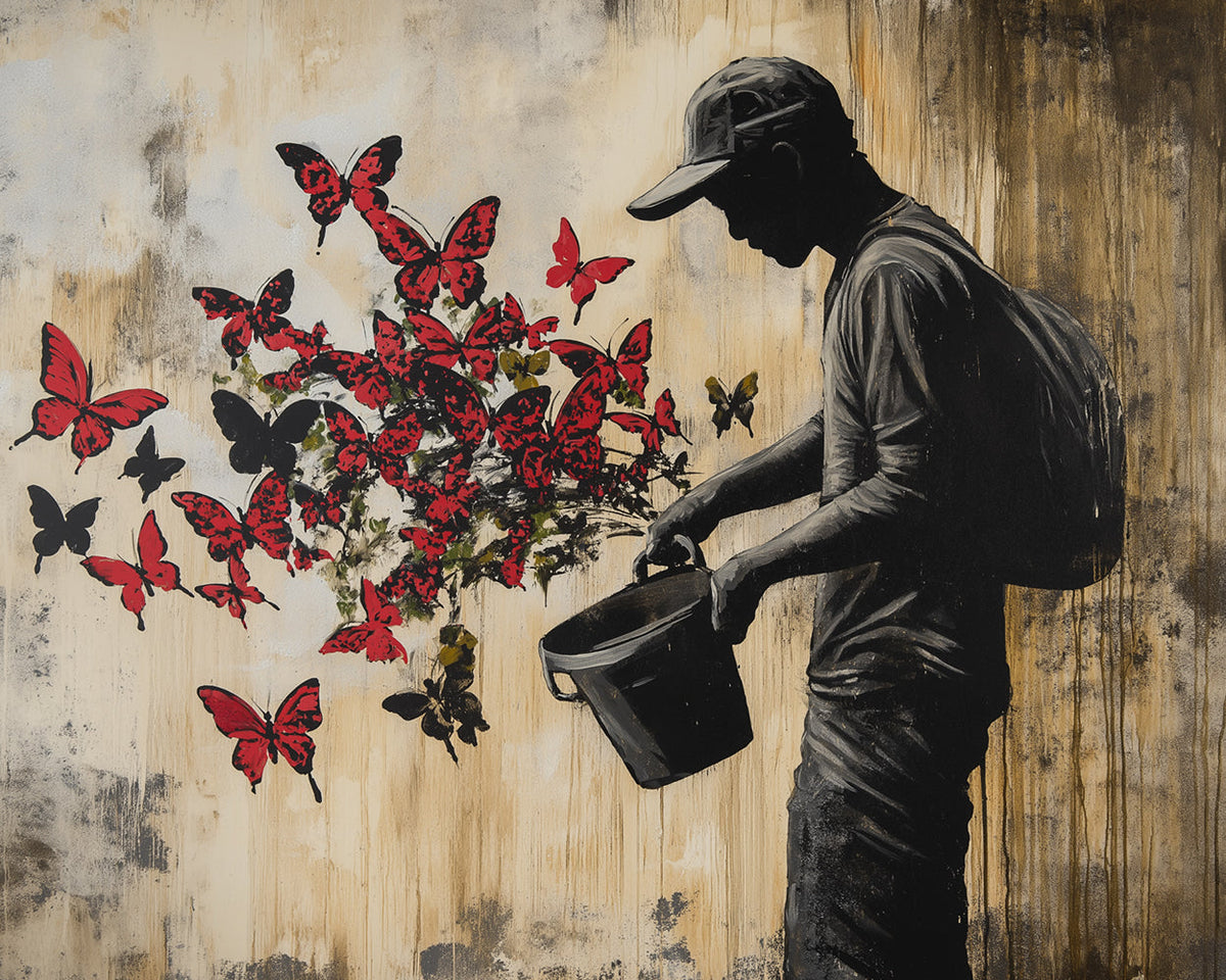 Graffiti style man with butterflies cross stitch kit for beginners