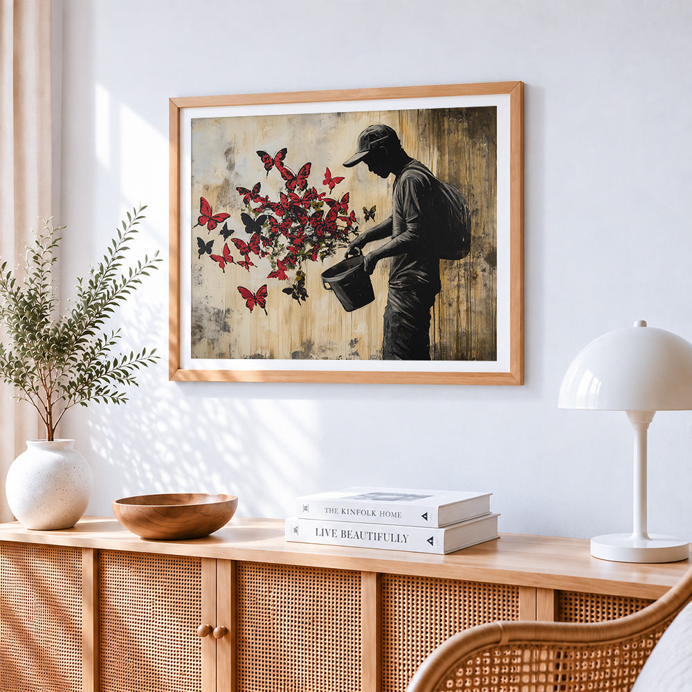 Graffiti style man with butterflies cross stitch artwork displayed on wall as home decor