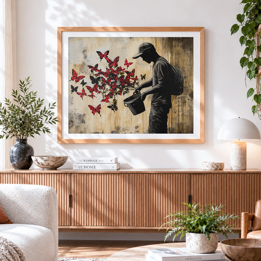 Finished graffiti-style man with butterflies paint by numbers artwork displayed as home decor