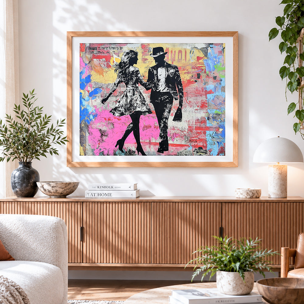 Finished graffiti-style romantic couple paint by numbers artwork displayed as home decor