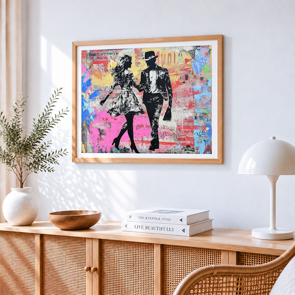 Graffiti-style romantic couple paint by numbers artwork displayed on wall as home decor