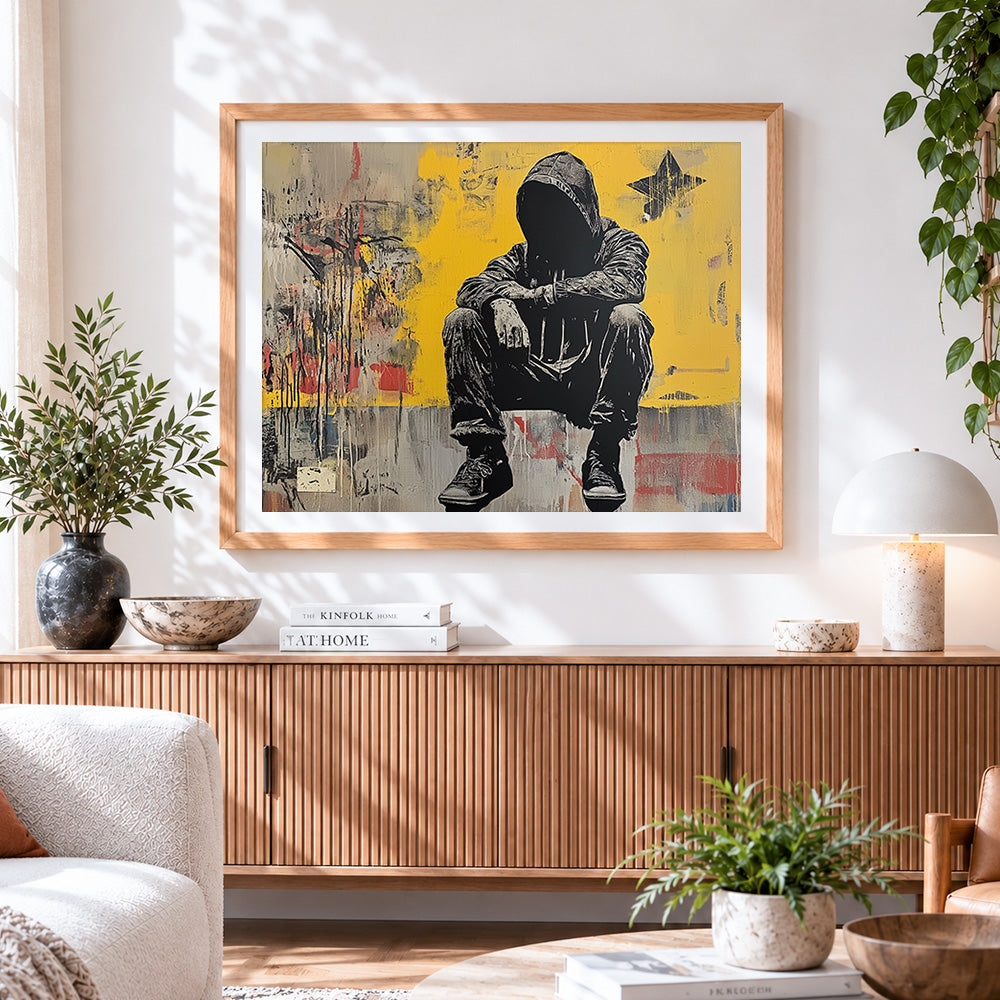 Finished graffiti-style seated man paint by numbers artwork displayed as home decor