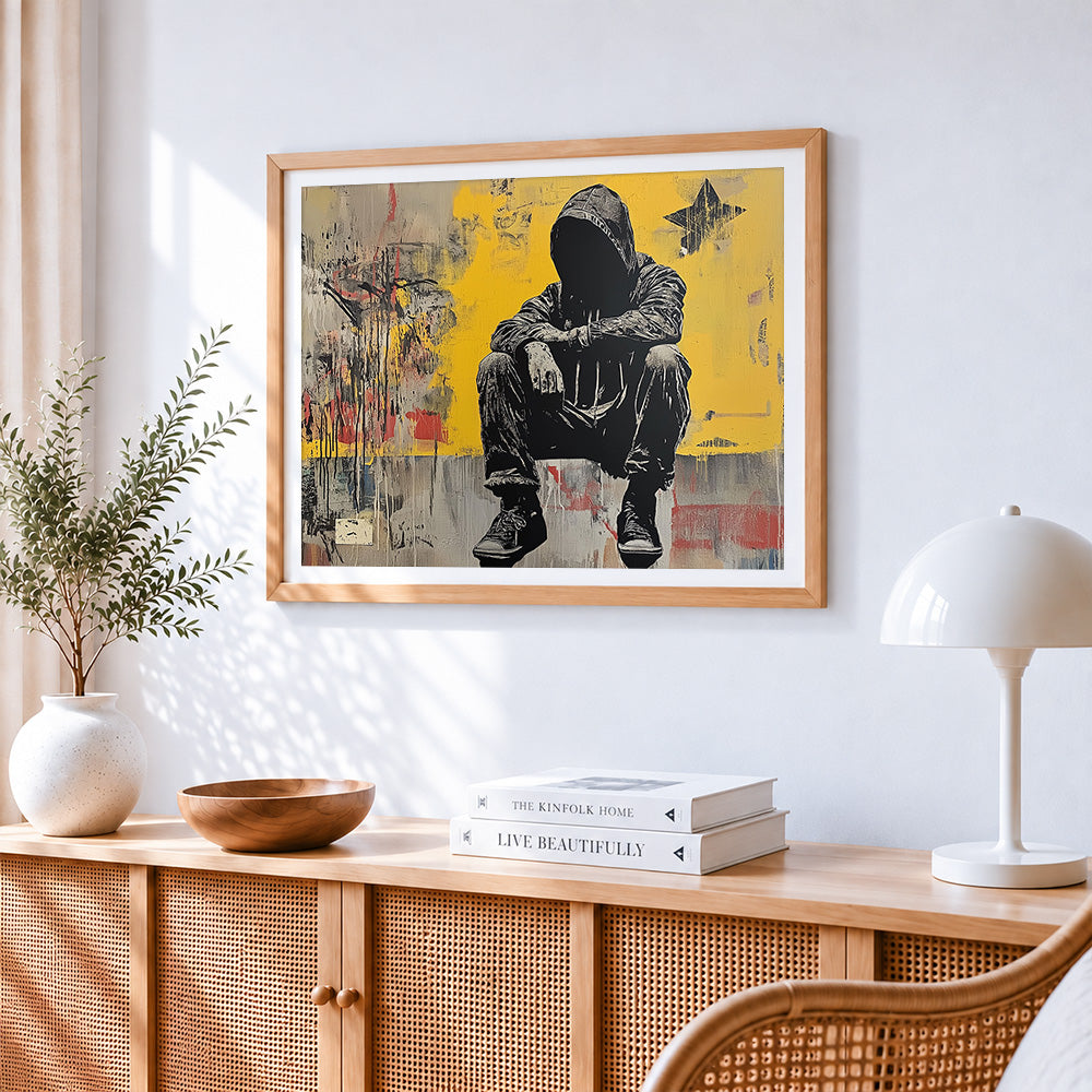 Graffiti-style seated man paint by numbers artwork displayed on wall as home decor