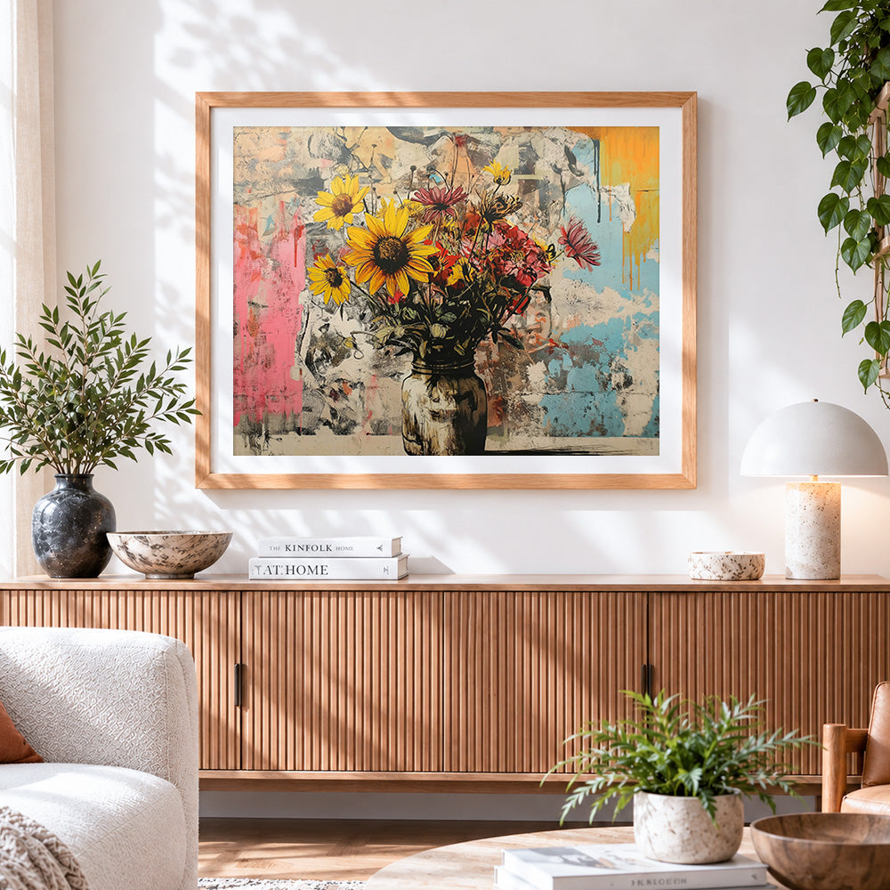 Finished graffiti style sunflowers in a rustic vase paint by numbers artwork displayed as home decor