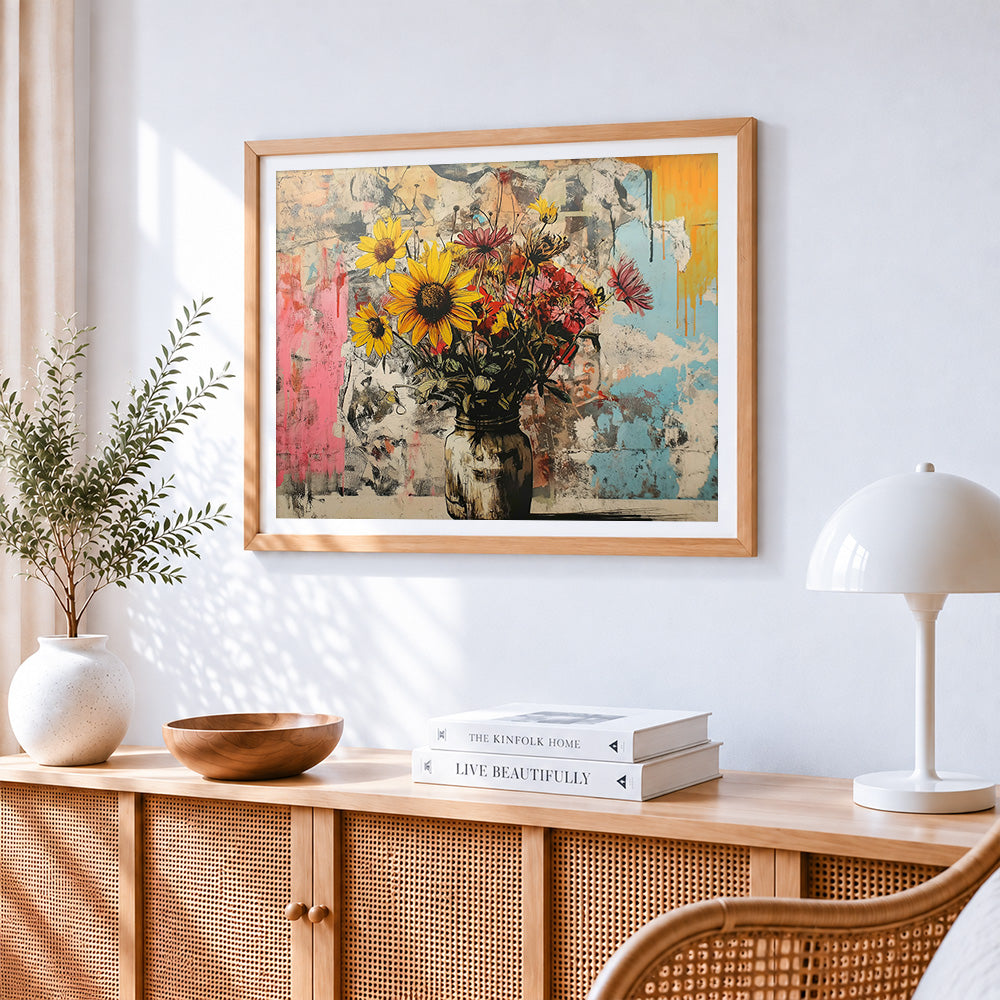 Graffiti style sunflowers in a rustic vase paint by numbers artwork displayed on wall as home decor