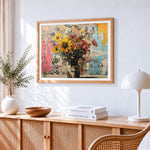 Graffiti style sunflowers in a rustic vase paint by numbers artwork displayed on wall as home decor