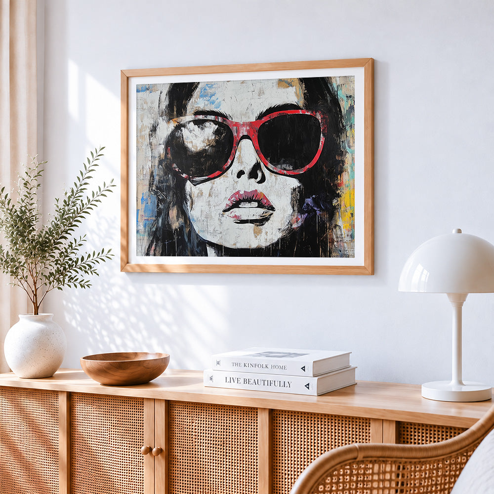Graffiti style woman in red sunglasses cross stitch artwork displayed on wall as home decor