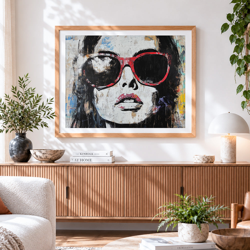 Finished graffiti-style woman in red sunglasses paint by numbers artwork displayed as home decor