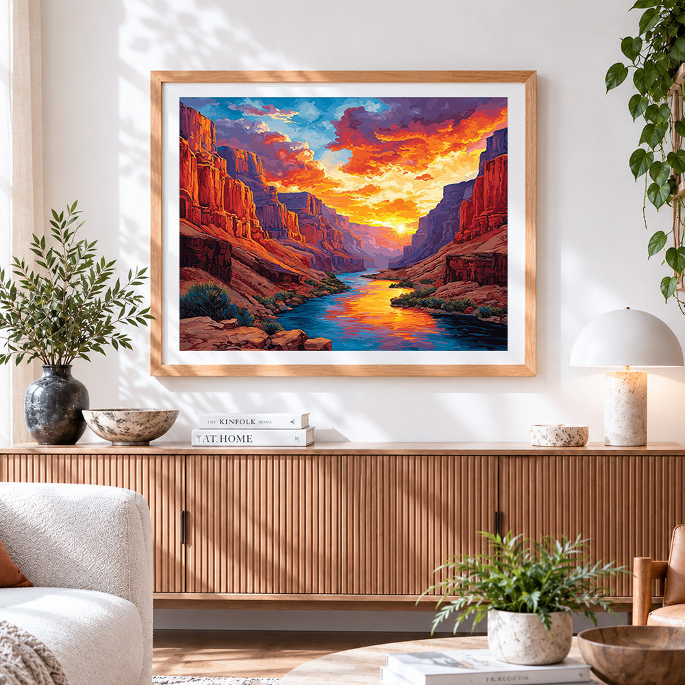 Finished grand canyon sunset cross stitch artwork displayed