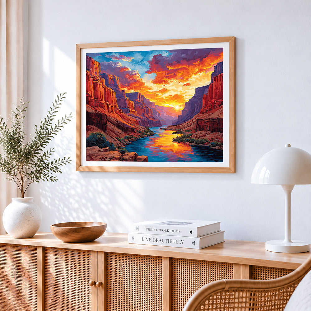 Grand canyon sunset cross stitch artwork displayed on wall as home decor