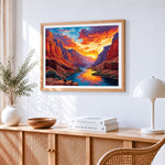 Grand canyon sunset cross stitch artwork displayed on wall as home decor