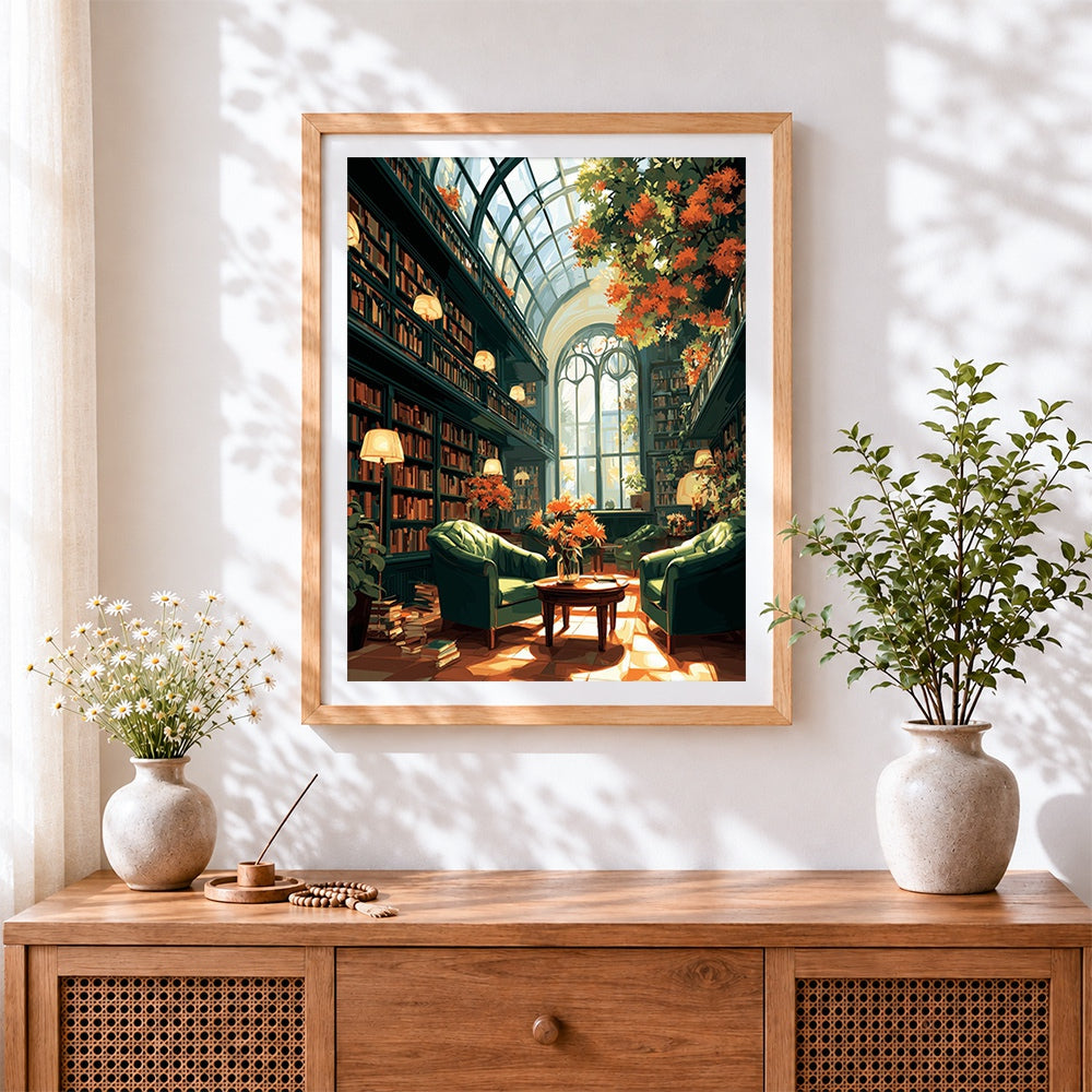 Finished grand library with autumn leaves cross stitch artwork displayed
