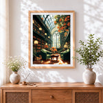 Finished grand library with autumn leaves cross stitch artwork displayed