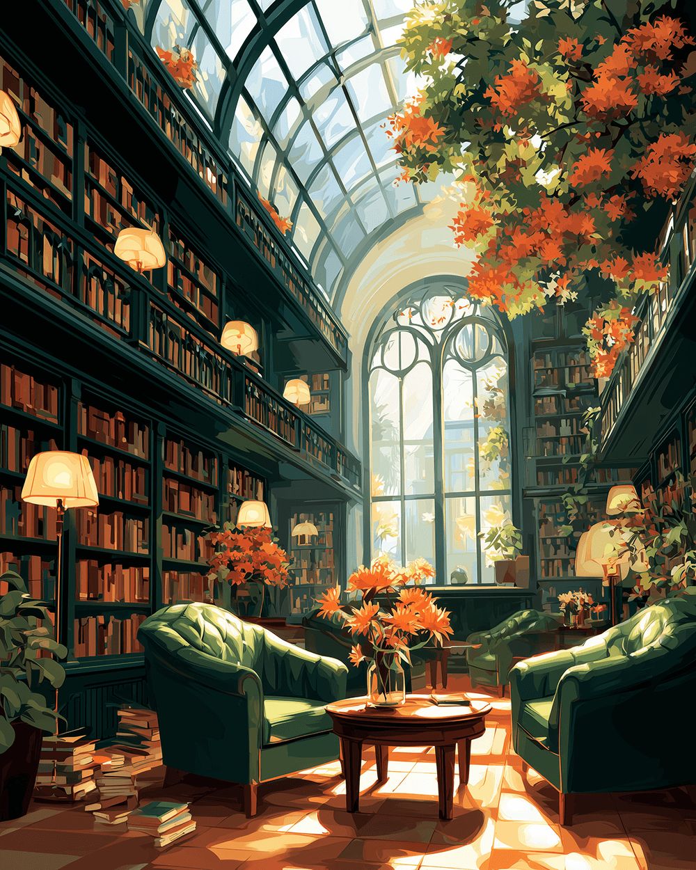 Grand library with autumn leaves cross stitch kit for beginners