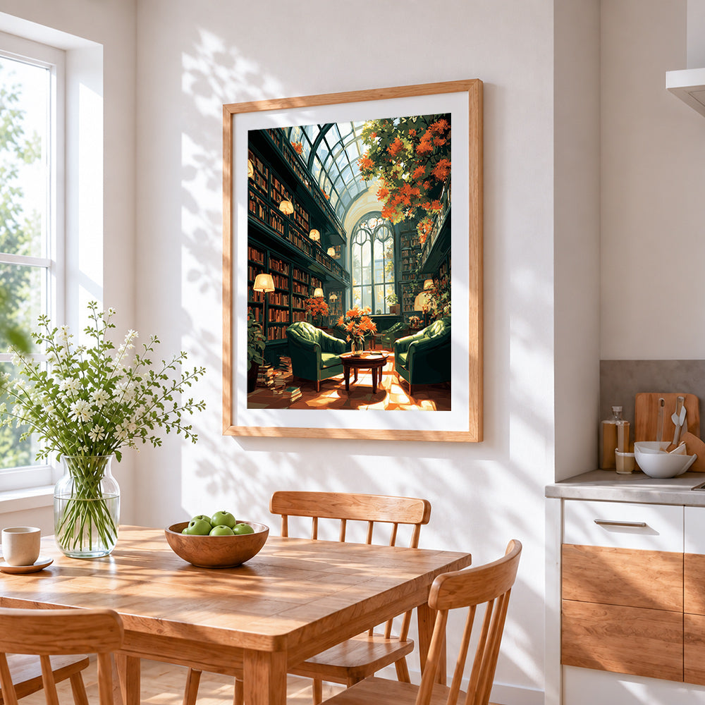 Grand library with autumn leaves cross stitch artwork displayed on wall as home decor