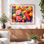 Finished grapefruit and berries collage cross stitch artwork displayed